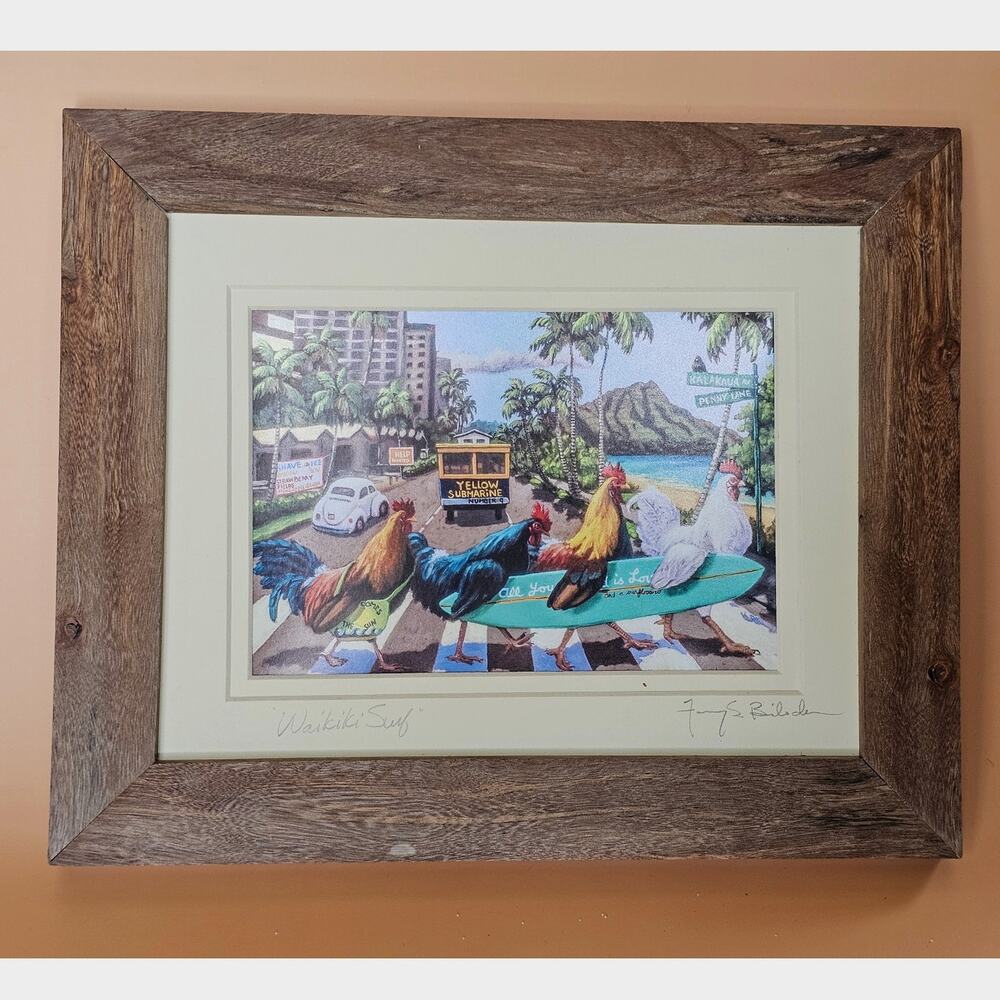 Y2K Abbey Road Waikiki Surf Roosters Art Print Fanny S Bilodeau Signed Framed